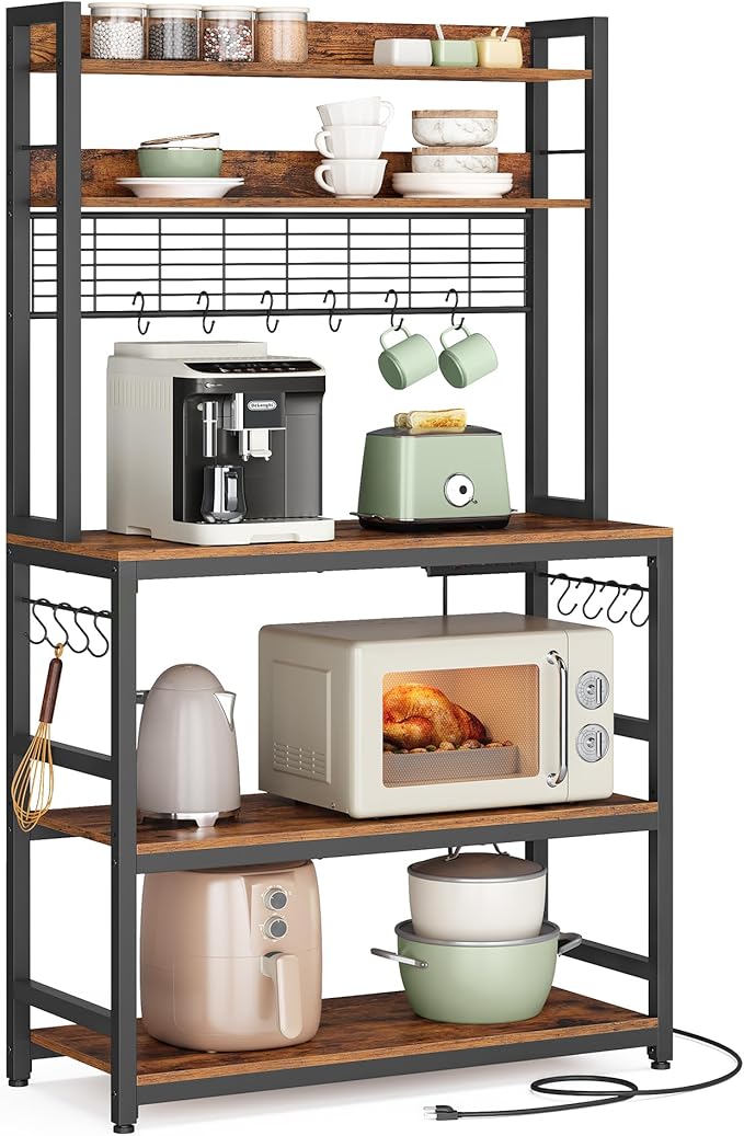 VASAGLE Bakers Rack with Power Outlet, Microwave Stand, Kitchen Tall Utility Storage Shelf, with Metal Wire Panel, 14 Hooks, 15.7 x 31.5 x 66.9 Inches, Rustic Brown and Ink Black UKKS025B01