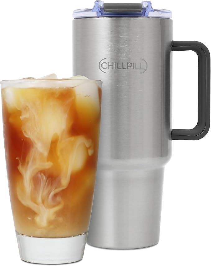 CHILLPILL GO Iced Coffee Chiller - Stainless Steel Cup Iced Coffee Maker & Espresso Chiller, Fast Cooling Cold Brew Coffee Maker, Instant Drink Chiller with Lid & Straw, Ice Coffee Chiller On-the-Go
