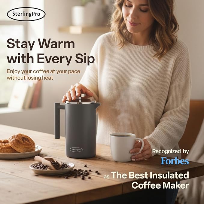 Stainless Steel French Press Coffee Maker Large 1.5 L(51 oz) Gray – Durable Double Walled Insulated Coffee Press Keeps Drinks Hot, Easy to Use and Clean Stylish Design for Rich Flavor