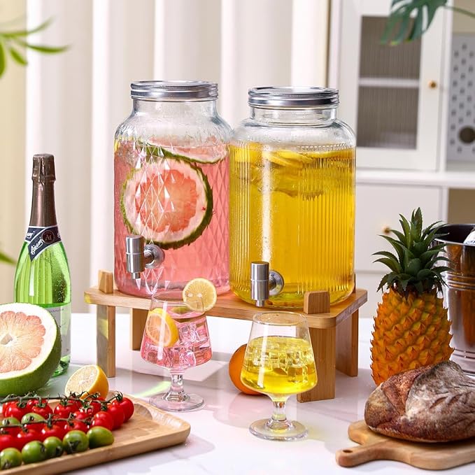2 PCS Glass Drink Dispenser Set 1.5 Gallon With Stand, Spigot, Large Water Drink Dispensers for Parties for Lemonade, Juice, and Wedding, Bars