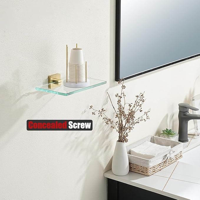 JQK Bathroom Glass Shelf Gold, Tempered Glass Shower Storage 8 by 5 inches, 304 Stainless Steel Brushed Gold Wall Mount, TGS201L8-BG