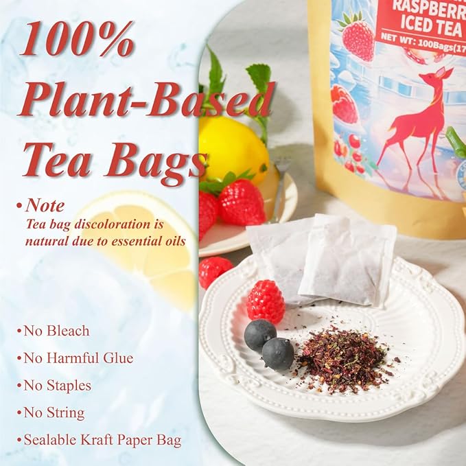 WT WEETEE Strawberry & Raspberry Herbal Iced Tea, 100 Count Cold Brew Hibiscus Iced Tea Bags, Rich Tartness & Sweetness, Caffeine-Free, No Artificial Sweeteners