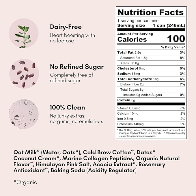 Pop & Bottle Classic & Vanilla Oat Milk Lattes - Cold Brew, Marine Collagen & Antioxidants, MCT Oil, Organic, Dairy Free, Gluten Free, Lightly Sweetened with Dates - 8 Fl Oz (Pack of 12), 6 Each