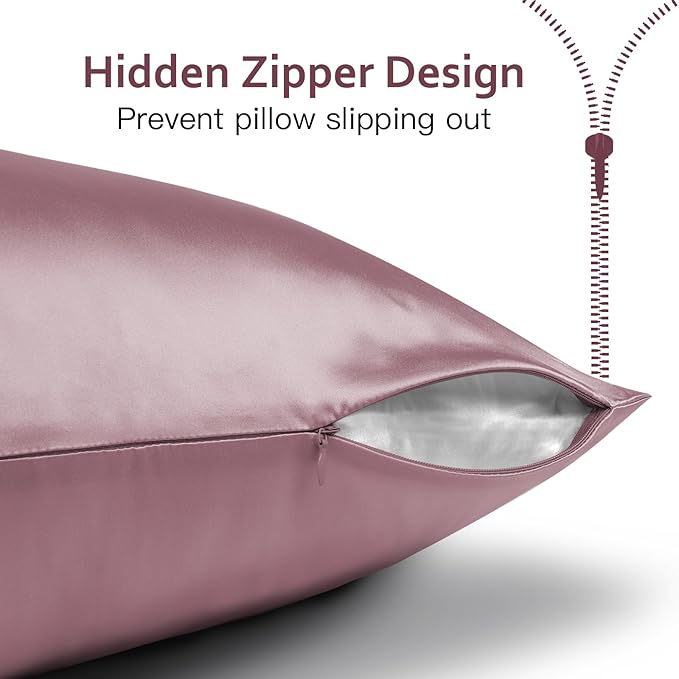 Silk Pillowcase for Hair and Skin with Hidden Zipper, Ravmix Both Sides 21Momme Mulberry Silk Cooling Pillow Case Standard Size 20×26inches, 1PCS, Dark Pink