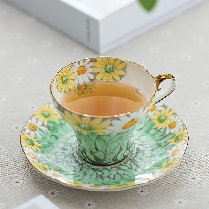 Aynsley Daisy Corset Fine Bone China Teacup and Saucer Set - 5.07oz Hand-Painted Gold-Trimmed Corset-Shape Set, Fancy Gift for Birthdays/Mother’s Day/Tea Lovers(Green)