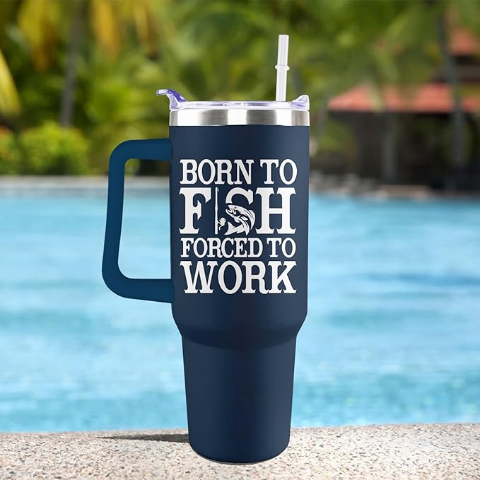 Fishing Tumbler with Handle For Men 40OZ Born to Fish Gift Stainless Steel Cups Insulated Tumblers Fisherman Gifts For Dad Daddy Funny Saying Green Fish White Mugs