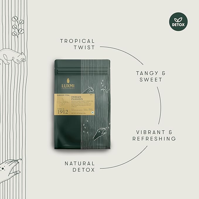 Luxmi Estates Indian Passion Organic Mango Passion Fruit Green Tea (50 Tea Bags) Mildly Caffeinated Tea Bags For Detox, Cleansing, and Digestion, With Certified Organic Darjeeling Makaibari Green Tea