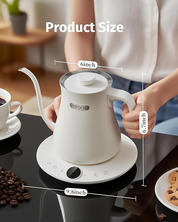 INFOOD 0.8L Gooseneck Electric Kettle, Precise Temperature Control for Pour Over Coffee & Tea, 1200W Fast Boiling Water, Auto Shut Off, Scheduling, Stainless Steel, White