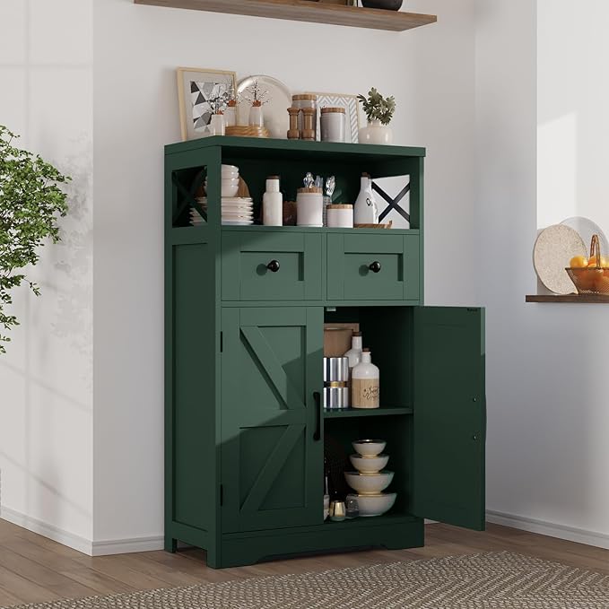 Farmhouse Dark Green Storage Cabinet with Barn Doors and 2 Drawers, Small Freestanding Kitchen Pantry Cabinet, Floor Storage Cabinets Hutch Cupboard for Kitchen/Laundry/Living Room/Bedroom