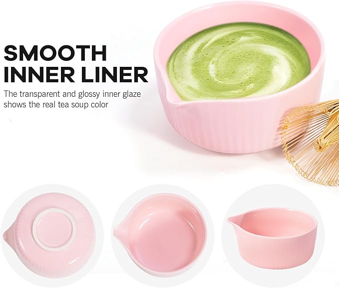 Pink Traditional Matcha Whisk Set, 5 Pcs Japanese Matcha Kit with Chawan Ceramic Bowl with Spout, Chasen Bamboo Whisk and Holder, Scoop, Sifter - Matcha Set Kit Gift for Ceremony Matcha Lattes Lover