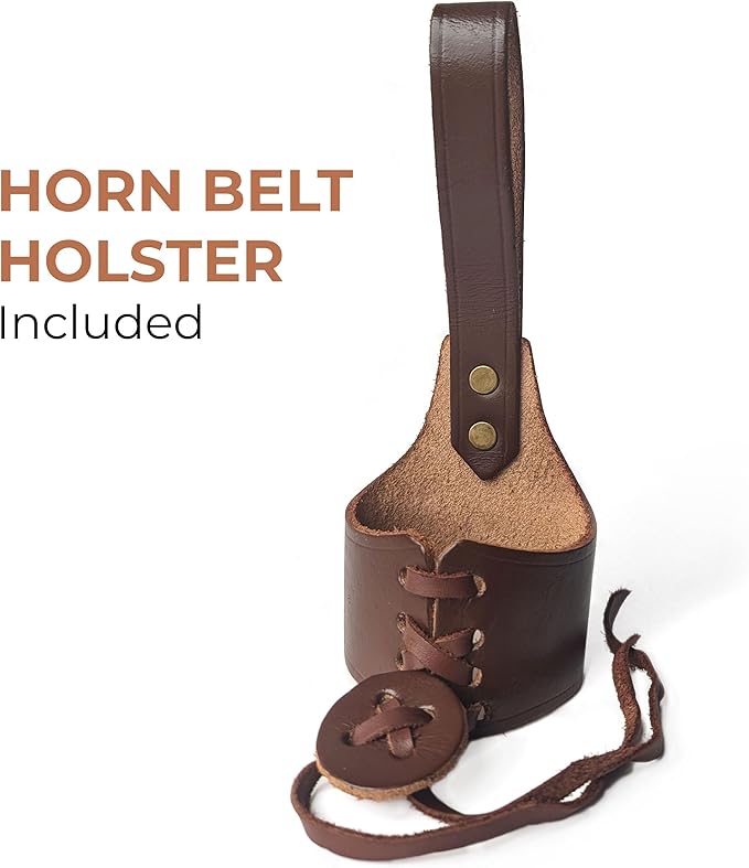 Norse Tradesman Genuine 12" Ox-Horn Viking Drinking Horn with Antique Brass Rim & Wolf Tip, Brown Leather Belt Holster, Fitted Stand & Burlap Gift Sack - The Fenrir, 12-Inches, High Polish