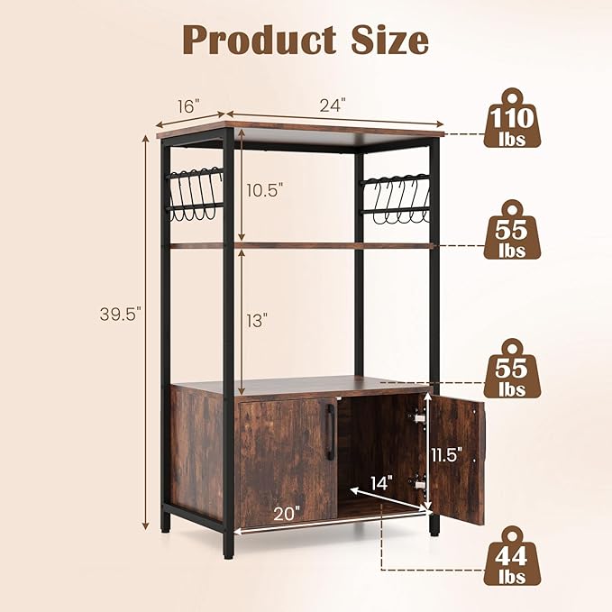 GOFLAME Kitchen Baker's Rack with Cabinet, 3-Tier Pantry Cabinet with 2 Open Shelves, 10 S-Shaped Hooks, Industrial Microwave Oven Stand with Metal Frame, Bookshelf Rack for Living Room, Brown