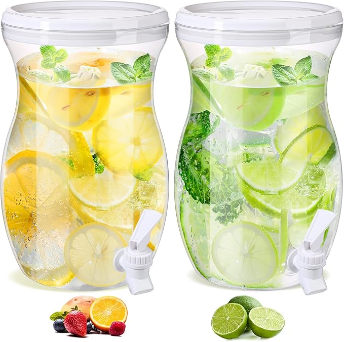 Havawish 2 Pcs 1 Gallon Plastic Beverage Dispenser with Spigot Clear Summer Kitchen Fridge Drink Dispenser for Parties Lemonade Juice Tea Beer Cold Water(White,Gourd)