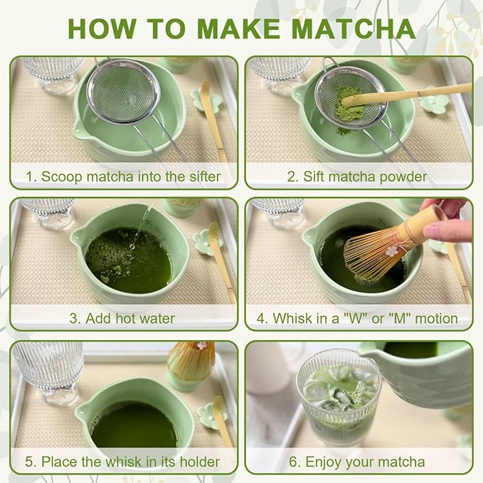 Matcha Whisk Set––7pcs Japanese Matcha Set Kit with Matcha Bowl, Bamboo Whisk, Whisk Holder, Scoop, Towel&Sifter–Perfect for Matcha Lovers&Tea Ceremonies-Daisy Green