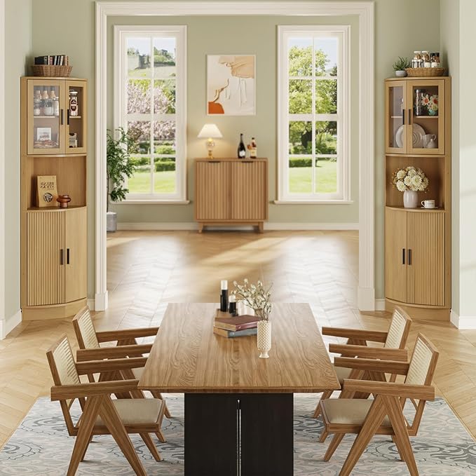 64.9" Tall Corner Cabinet, Modern Fluted Storage Cabinet with Glass Door and 5 Storage Shelves, Space Saver for Kitchen, Bathroom, Living Room, Natural