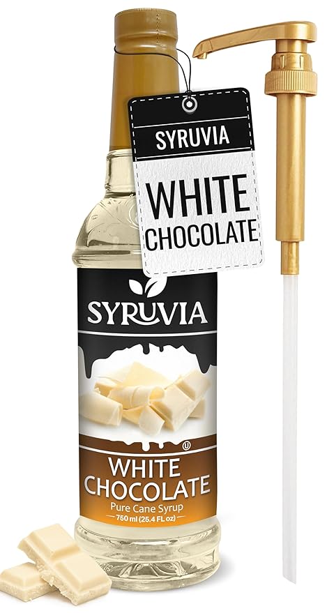 Syruvia Coffee Syrup, White Chocolate Flavored Syrup for Drinks, Lattes, and Desserts – 25.4 fl oz, With Pump