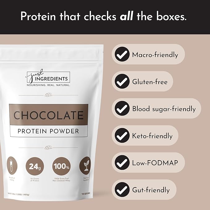 JUST INGREDIENTS Protein Powder - Chocolate, Grass-Fed Whey, Organic Whole Food Blend - 15 Servings, 24g Protein