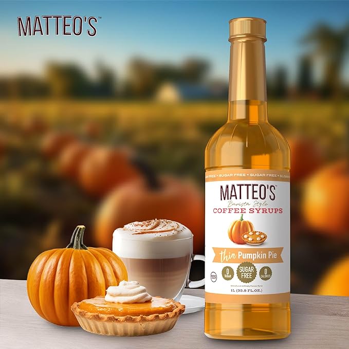 Matteo's Pumpkin Pie Syrup for Coffee, Lattes, Cappuccinos & Desserts – Sugar-Free Sweetener for Beverages, Keto Friendly, Zero Calories, Indulgent Flavor, Non-Alcoholic, 33.8oz (6pk)