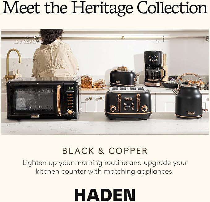 HADEN Heritage 4-Slice Toaster with Extra Wide Slots, 1500-Watt, Black & Copper - Retro Stainless Steel Design with Self-Centering Function, Adjustable Browning Control & Removable Crumb Tray