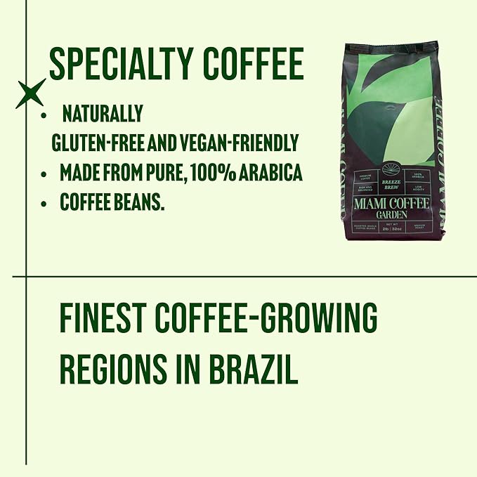 Miami Coffee Garden Breeze Brew, Brazilian Premium Coffee, Rich and Balanced, 100% Arabica Beans, Low Acid, Finest Regions in Brazil, Whole Coffee Beans, 2 Lb Bag