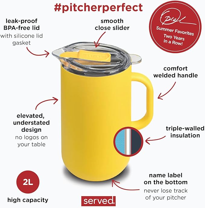 Served Premium Insulated Pitcher (2L/66oz) - Double Walled, Copper Lined Stainless Steel Pitcher with Lid - Vacuum Insulated Carafe for Hot Coffee, Tea, Iced Drinks, Water, Cocktails, and More