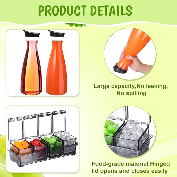Honeydak 5 Pcs Mimosa Bar Supplies Include 4 Pcs 50 oz Plastic Carafe with Lids Clear Round Juice Pitcher Containers 1 Seasoning Box with Lid and Spoon for Christmas Party Serving Storage (Black)