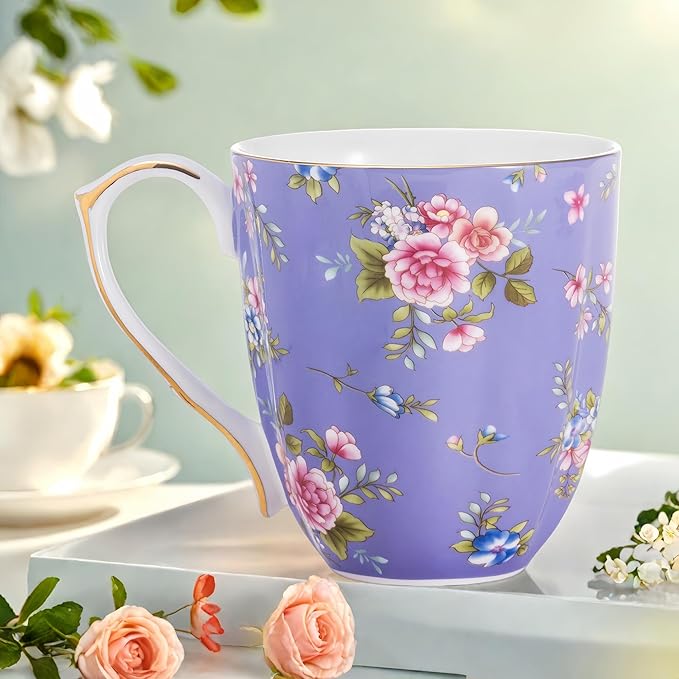13oz Bone China Floral Mug with Gold Bone China Coffee Mugs Bone Teacup Christmas Mugs Birthday Gifts for Women Mom Friends Coworker