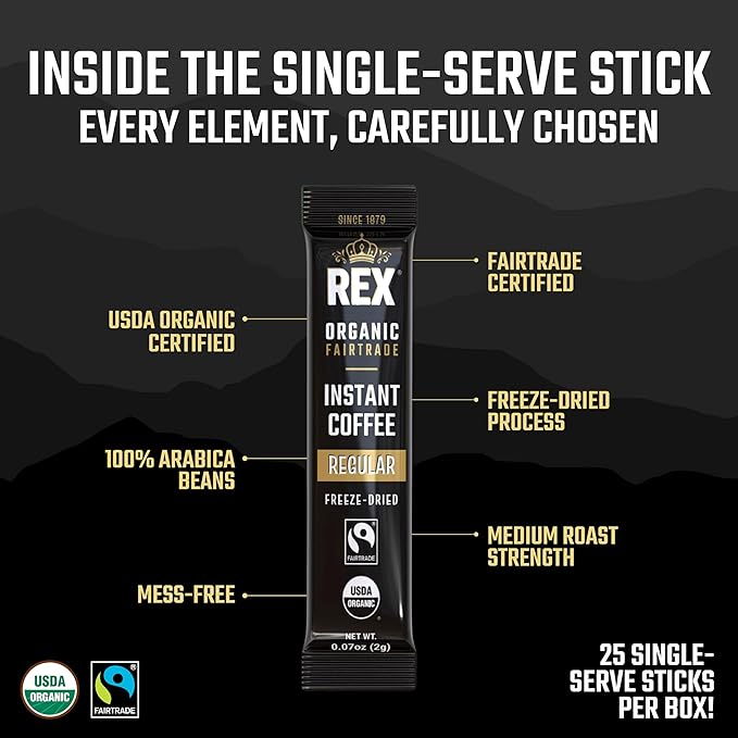 Rex Organic Fairtrade Freeze-Dried Instant Coffee Sticks, Medium Roast Arabica, 25 Single-Serve Packs, USDA Organic & Fairtrade Certified