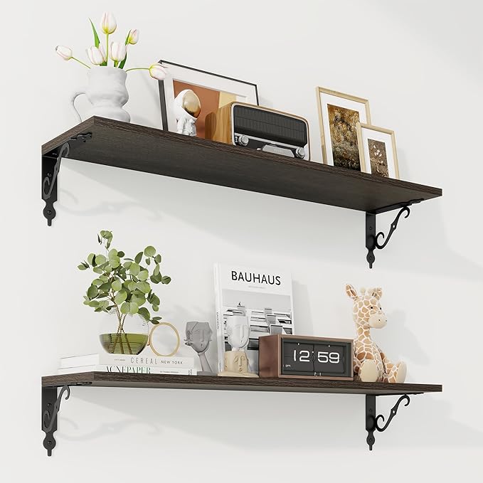RICHFOCUS Floating Shelves for Wall Decor, 31.5W x 8D Shelves Set of 2, 8" Deep Rustic Wood Floating Shelves Wall Mounted with Metal Brackets, Shelves for Living Room Bedroom Kitchen, Black