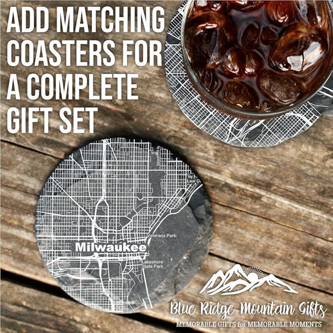 Blue Ridge Mountain Gifts - Milwaukee Souvenir - Wisconsin Glassware Gift, Etched City Map, Laser Engraved and Dishwasher Safe