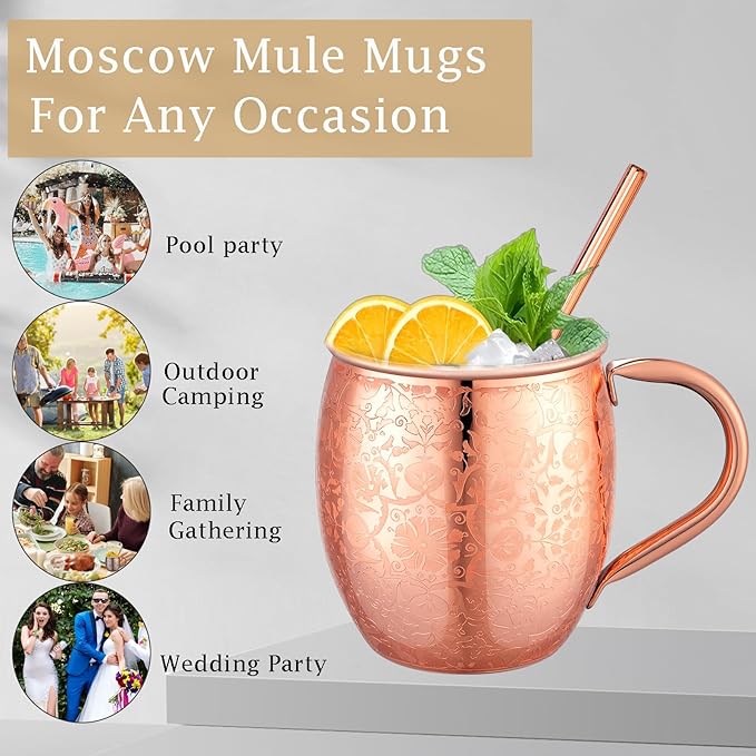 Moscow Mule MugsSet of 2-18 Oz Copper-Plated Fine Craftsmanship Etched Mugs,304 Stainless Steel-Lined Mule Cups,For Cold Drinks, Beer, Wine, Bars, Parties
