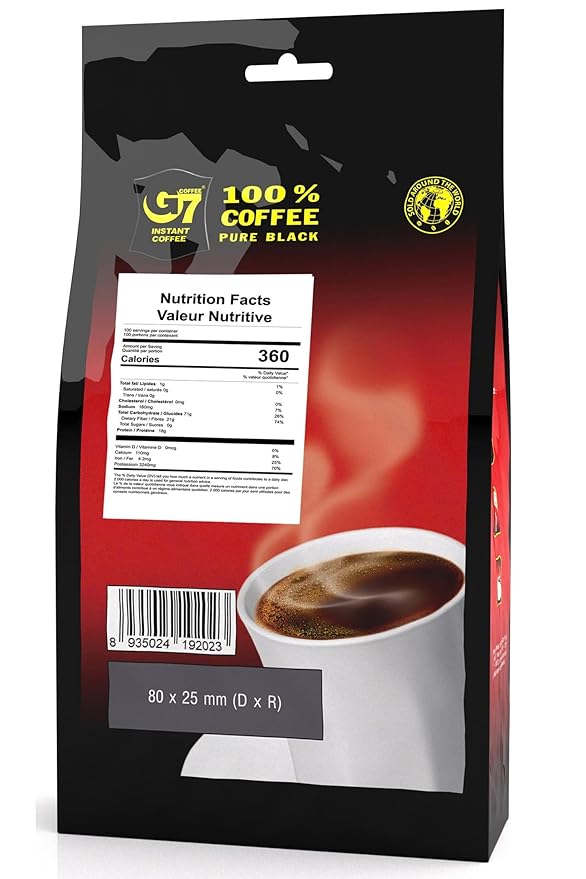 TRUNG NGUYEN G7 PURE BLACK Instant Coffee for Energy Boost - 100% Soluble Coffee Without Sugar - Strong, Pure & Rich Vietnamese Instant Energy - Original Taste for Connoiseurs (100 Sachets/Bag)