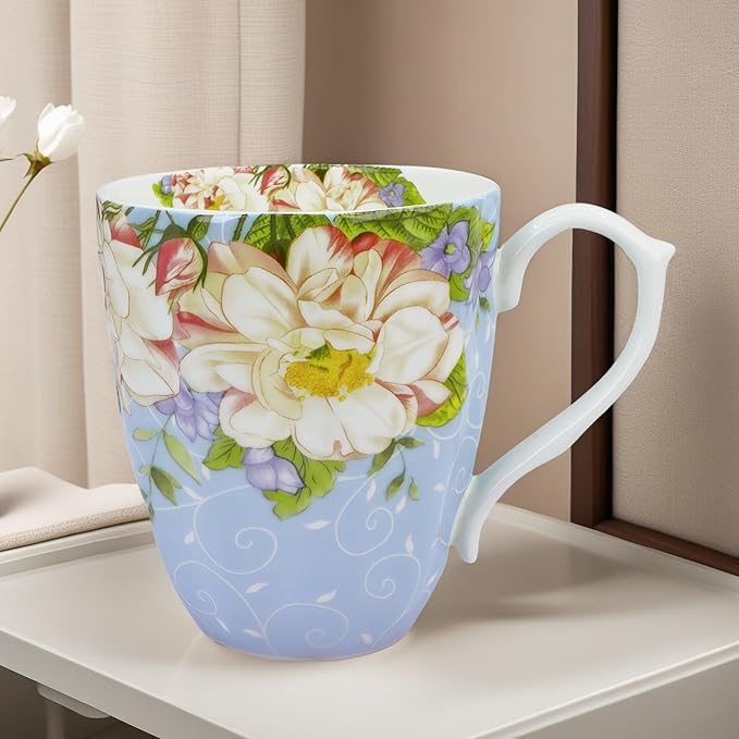14oz Bone China Coffee Mugs for Women Floral Coffee Mug Tea Cups Novetly Coffee Cups Gift for Women Mom Friends