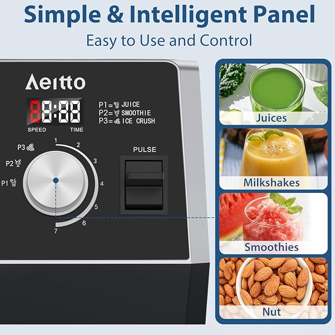 Aeitto Blenders for Kitchen with 68Oz. Large Capacity, 1800W Max Power Smoothie Blender, 3 Preset Programs & 7 Speeds, Professional Countertop Blender for Smoothies, Ice Crush, Generation2 Silver