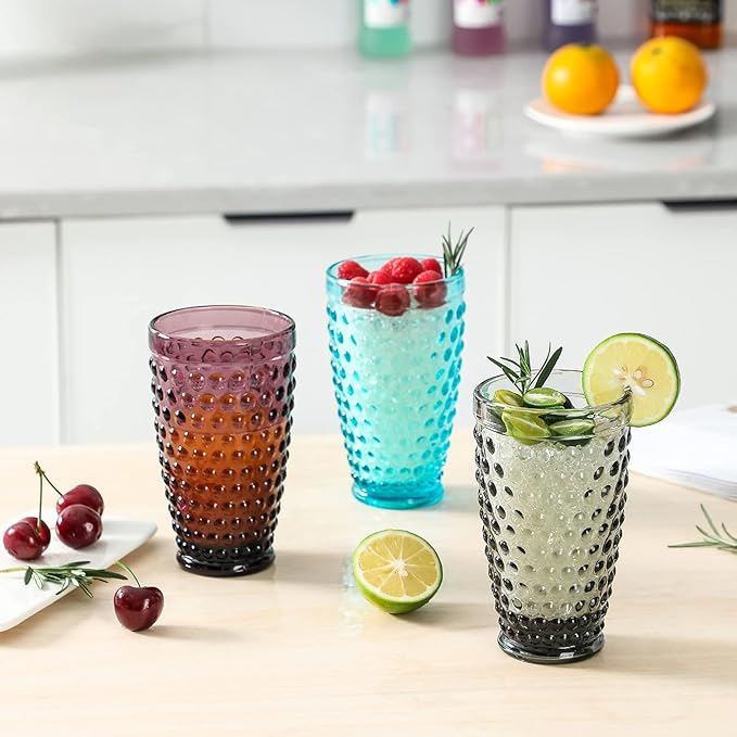 G Light Blue Hobnail Drinking Glasses 13 oz 6 Set, Premium Hobnail Highball Glasses,Vintage Glassware For Soda,Juice,Milk,Coke, Beer,Spirits In Dinner Parties, Stackable, Dishwasher Safe For Daily Use