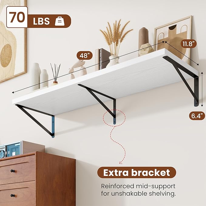 Deep Wall Shelves 48"W x 12"D Engineered Wood Floating Shelves for Wall, Sturdy Metal Bracket Bookshelves Home Decor Storage for Living Room Bedroom Bathroom Kitchen, Set of 2, White Finish