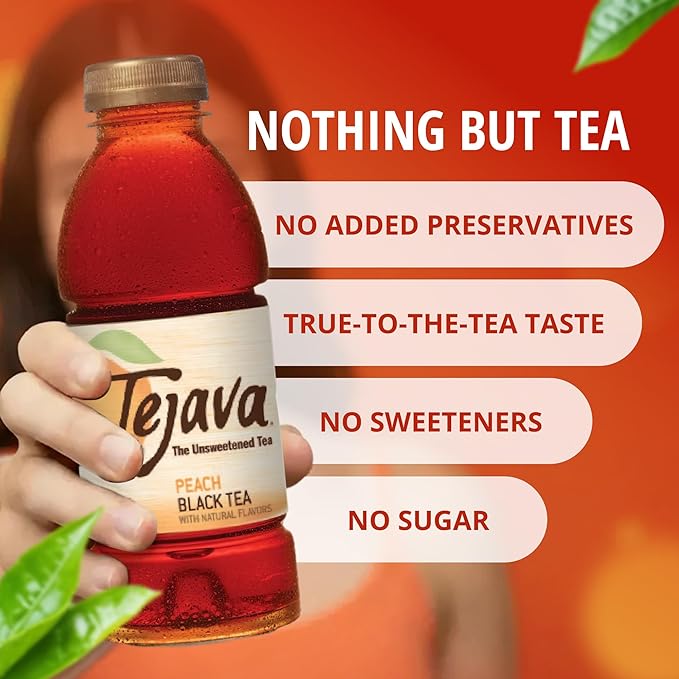 Tejava Peach Black Tea, 6 Pack 16.9 oz PET, Unsweetened, Ready-to-Drink Premium Iced Tea