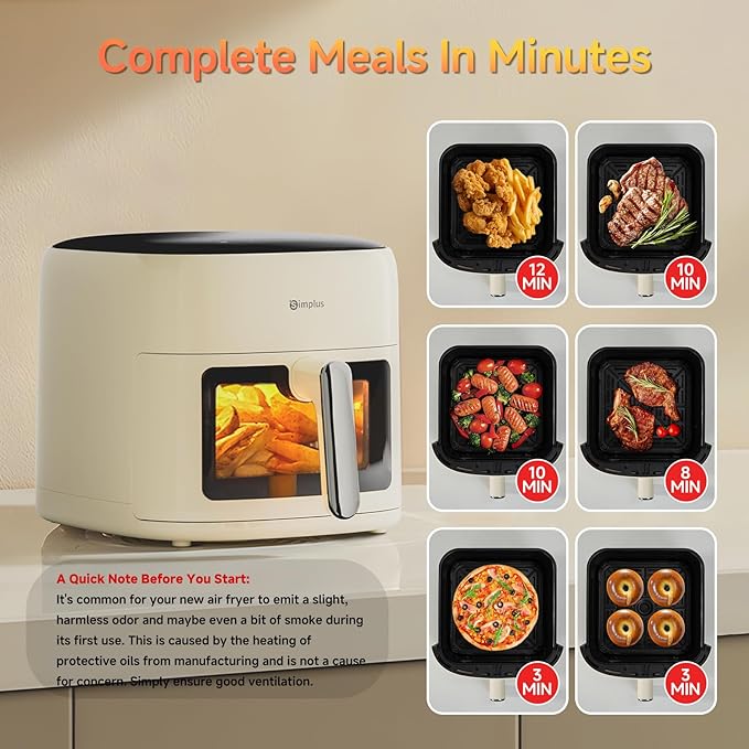 SIMPLUS Air Fryer 7 QT with Easy-View Window, Large Capacity Airfryer for Family, 400°F Rapid Air Crispy Technology, Touch Controls with 10 Presets, Nonstick & Dishwasher Safe Basket - Cream White