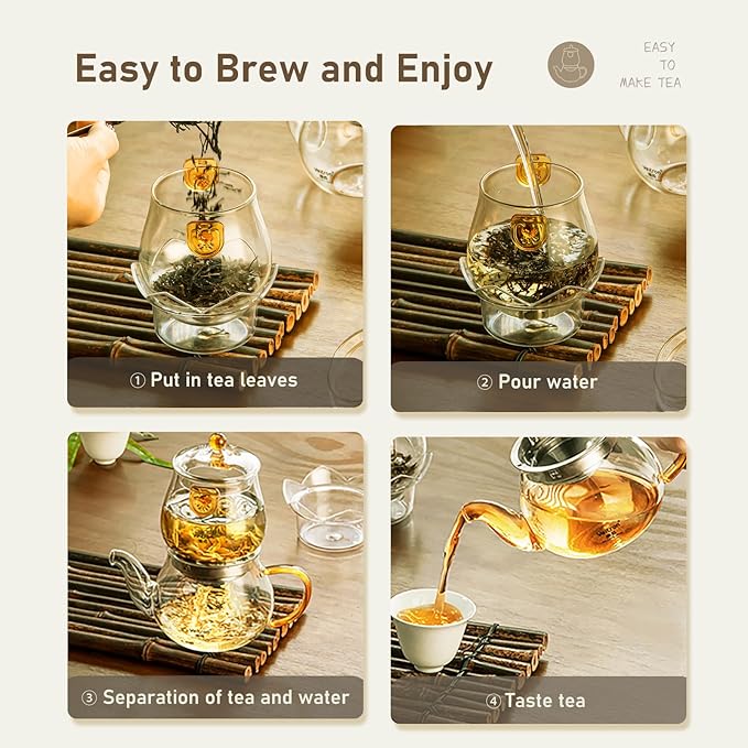 Easy to Soak Tea Pot, Total 560ml (18.94 oz) Glass Teapot with Base, Tea and Water Separation Magic Teapot for Stovetop, Home, Office or Solo Tea Drinking