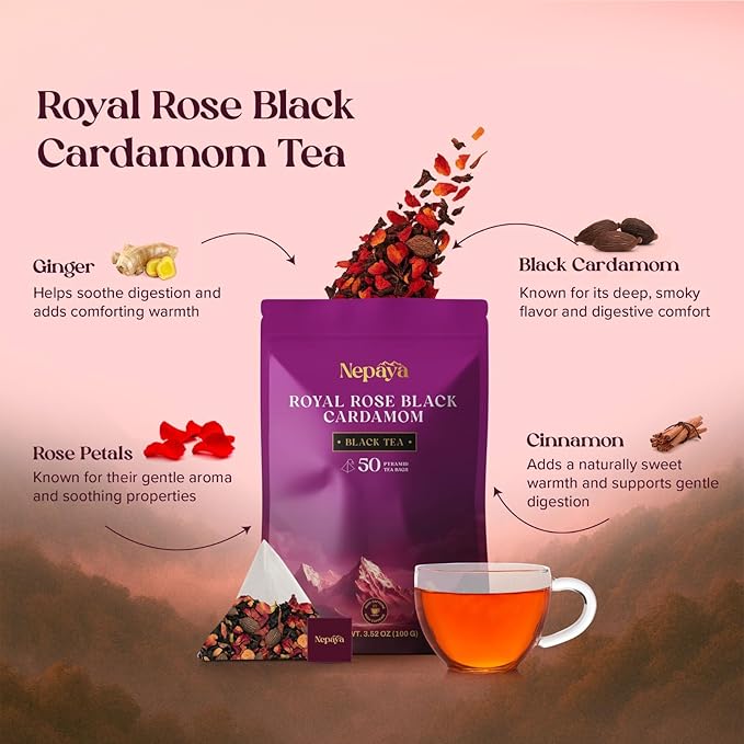 Royal Rose Cardamom Black Tea Bags, Assam Rose tea with Black Cardamom & Rose Petals, Luxury Chai Blend, 50 individually Wrapped Biodegradable Pyramid Bags, Premium Rose Tea