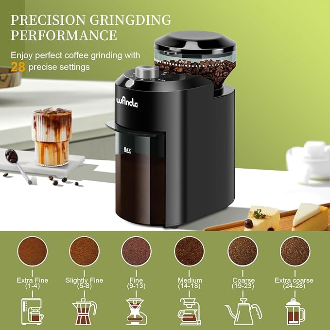 Wancle Electric Burr Coffee Grinder - Adjustable with 28 Precise Grind Settings for 12 Cups - Professional Coffee Bean Grinder (Plastic, Black+Grey)