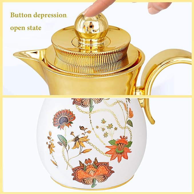 Arabic-Style Insulated Thermal Coffee Carafe, 33 oz, Coffee Pot,Insulated Carafe Flask for Hot Cold Drink Tea,Housewarming Ornaments (Flower)