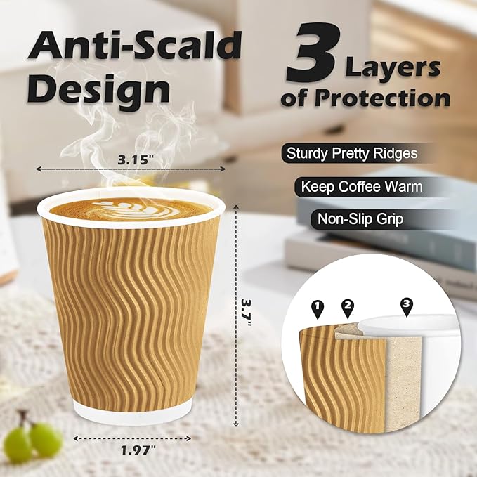 Lamosi Disposable Coffee Cups 8 OZ 100 Pack Champagne, Paper Coffee Cups 8 OZ for Hot Drinks or Cold Beverages, Insulated Corrugated Ripple Wall Cup No Lids for Office, Cafe, Home or Travel