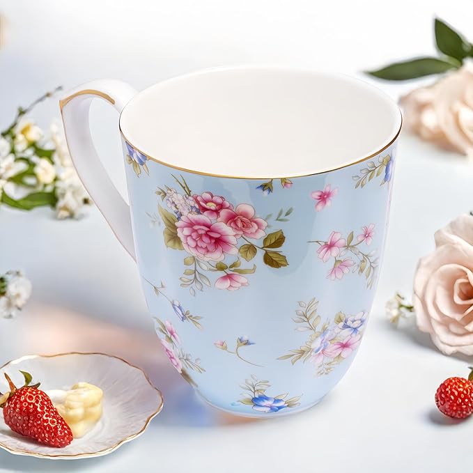 13oz Bone China Floral Mug with Gold Bone China Coffee Mugs Bone Teacup Christmas Mugs Birthday Gifts for Women Mom Friends Coworker