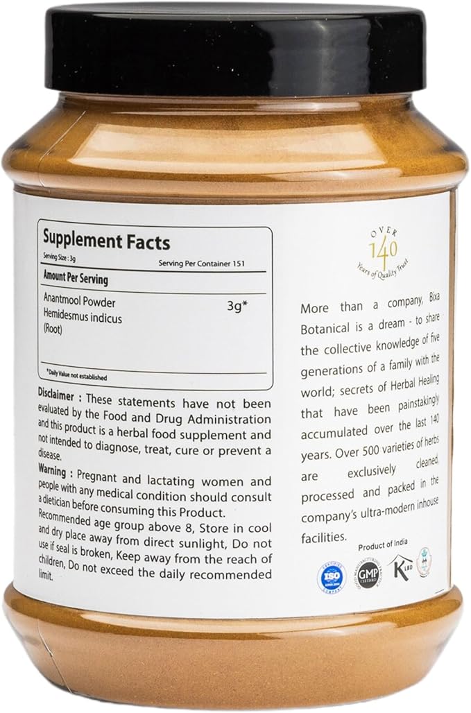bixa BOTANICAL Sarsaparilla Root Powder | Hemidesmus Indicus (Anantmool) | Ayurvedic Herbal Supplement |Gluten Free, Non-GMO, Steam Treated, Vegan, 100% Pure,140+ Years of Herbal Heritage |1 lb/16oz