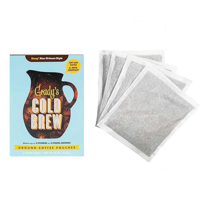 GRADY’S COLD BREW, New Orleans Style - DECAF, 100% Arabica Ground Coffee & Chicory Pouches, ONE Bundle of 4 Easy-to-Brew Bean Bags, Makes 12 drinks