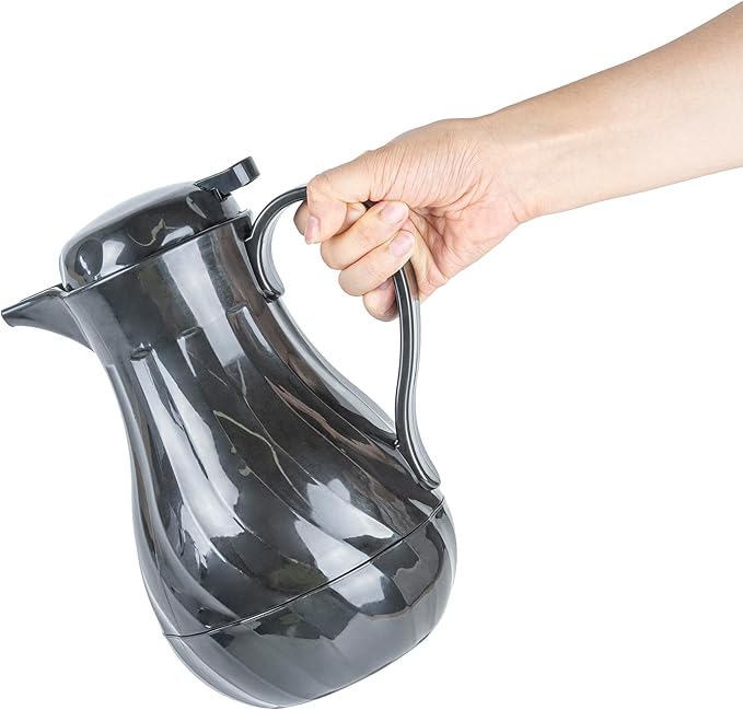 Restaurantware-Restpresso 42 Ounce Coffee Carafe, 1 Insulated Coffee Server - Push-Button Top, Swirl Design, Black Plastic Pitcher, Built-In Handle, With Identification Tags