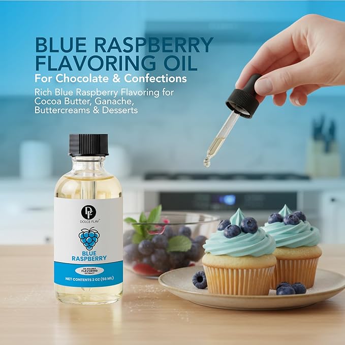 Dolce Flav Blue Raspberry Extract – 2 Ounce Oil-Soluble Kosher, Sugar-Free, Concentrated Blue Raspberry Flavoring for Baking, Chocolates & Desserts, Includes Measured Dropper