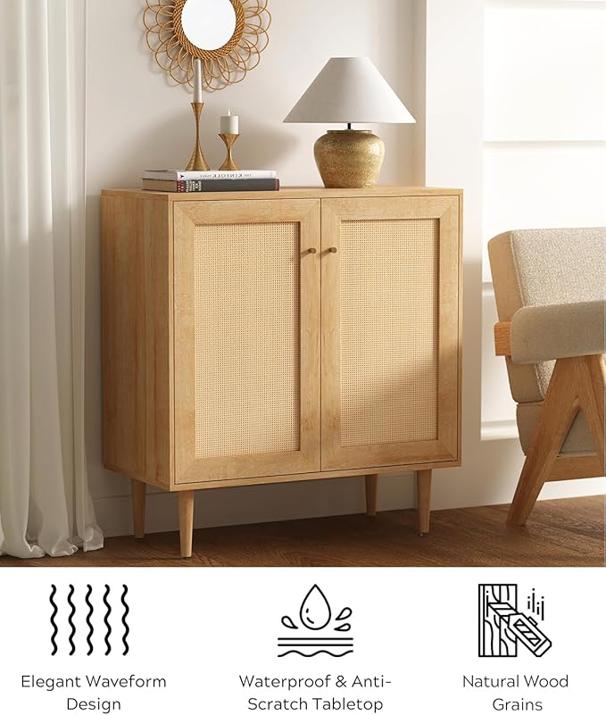 Accent Storage Cabinet Sideboard with Rattan Doors, Boho Buffet Kitchen Bar Cabinet Farmhouse Credenza Cabinets with Adjustable Shelves for Dining Room (Square Doors/Oak)