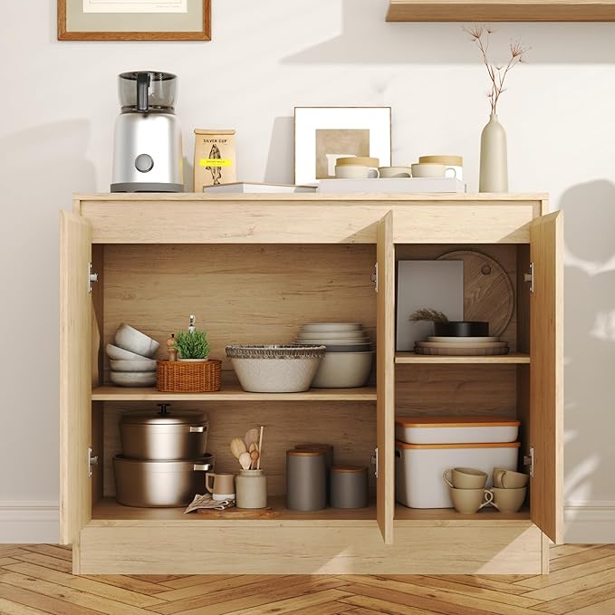 Buffet Cabinet with Storage, Coffee Bar Cabinet with 3 Doors and Adjustable Shelf, Modern Kitchen Buffet Sideboard for Living Room, Kitchen, Natural